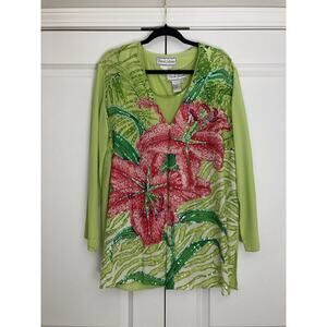 2 Piece Diane Gilman Blouse M 100% Silk Lime Green Floral Sequins Pink Tropical